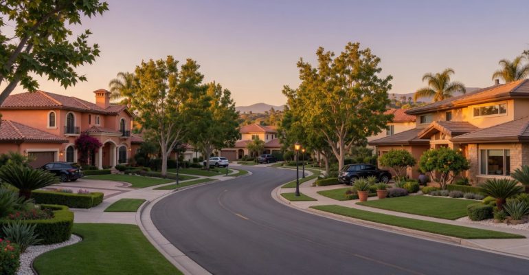 Tree-lined Yorba Linda style suburban street at golden hour